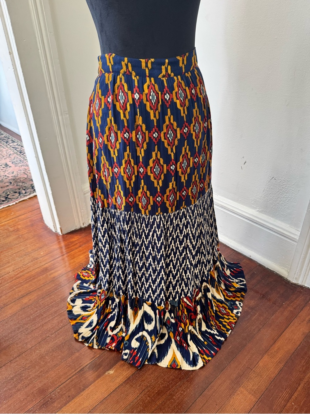 Rene Dehry Printed Navy Midi Skirt with Western Geometric Motif